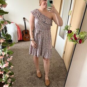 NWT Heatherly Women's One Shoulder Dress Blue Floral Tie Waist Ruffle, Sz Large